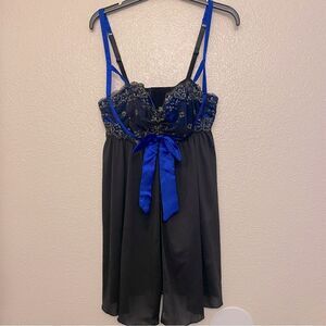 Cacique set black lace mesh Babydoll Chemise lingerie Sexy slip dress 14-16 new